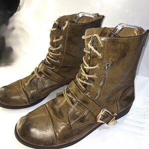 Rouge Women's Olive Brown Faux Leather Buckle Lace-up Biker Boots Size 10